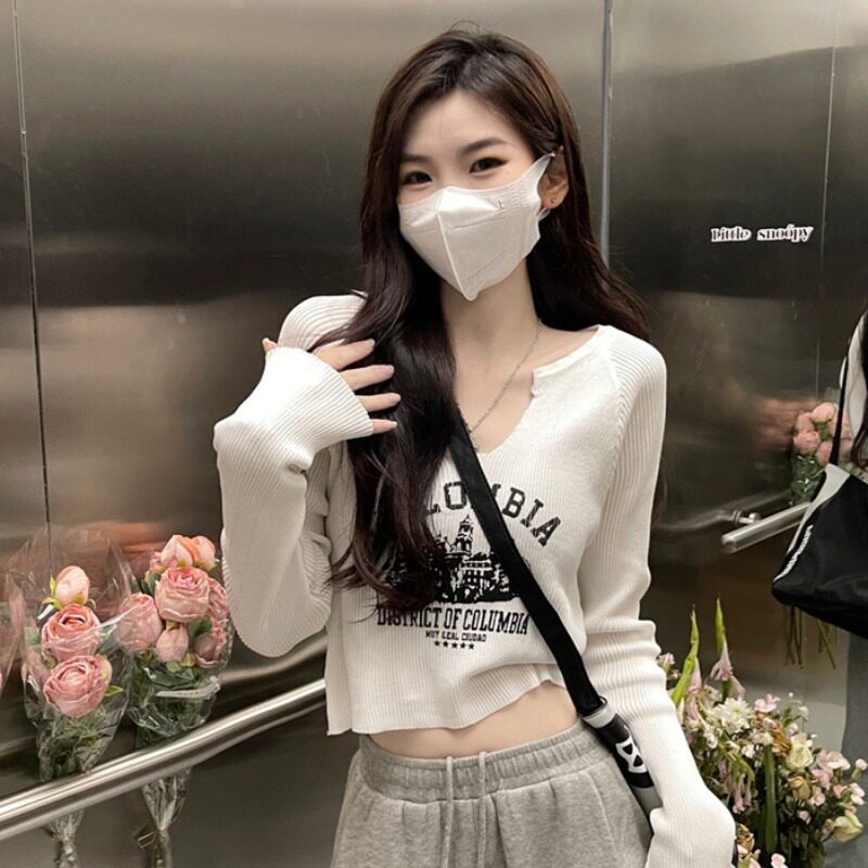 复古插肩长袖短款t恤女辣妹上衣
