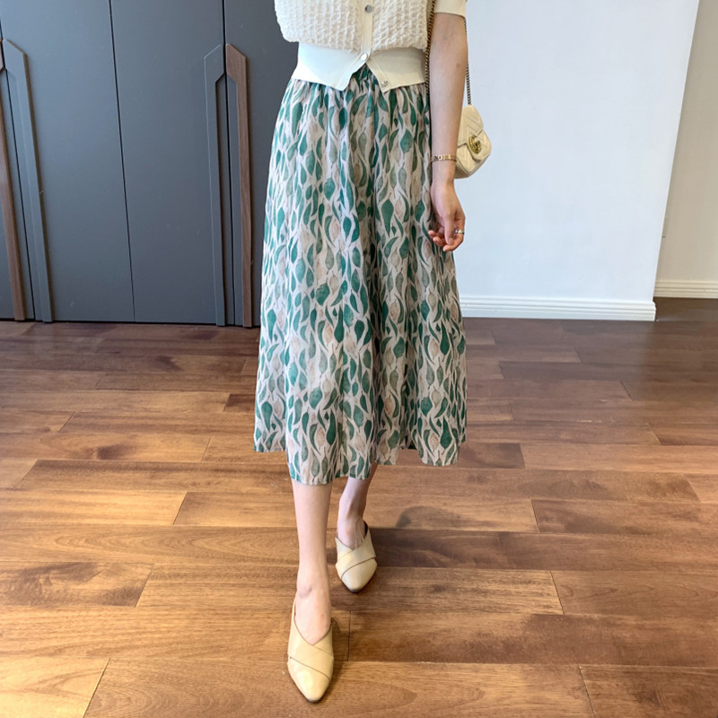 2024 새로운 여름 여성 하이 엔드 스커트 정장 프렌치 롱 스커트 녹색 꽃 무늬 쉬폰 드레스 얇은 섹션