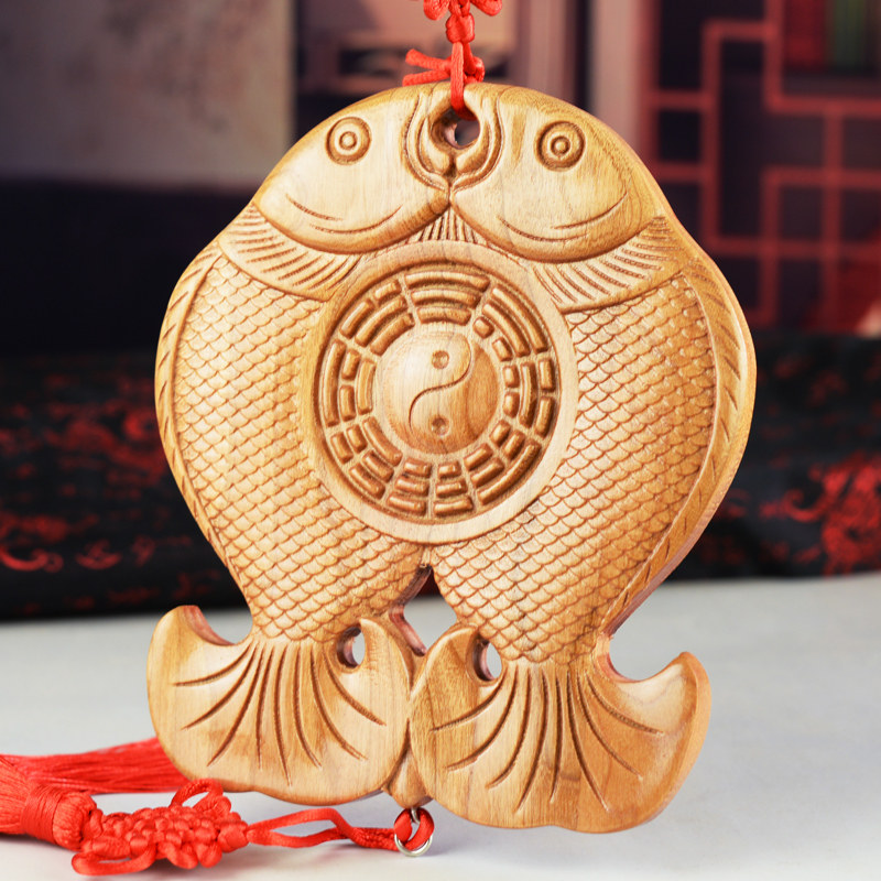 桃木富贵鱼八卦镜门对门对窗穿堂双鱼木雕摆件挂件门对窗阳台