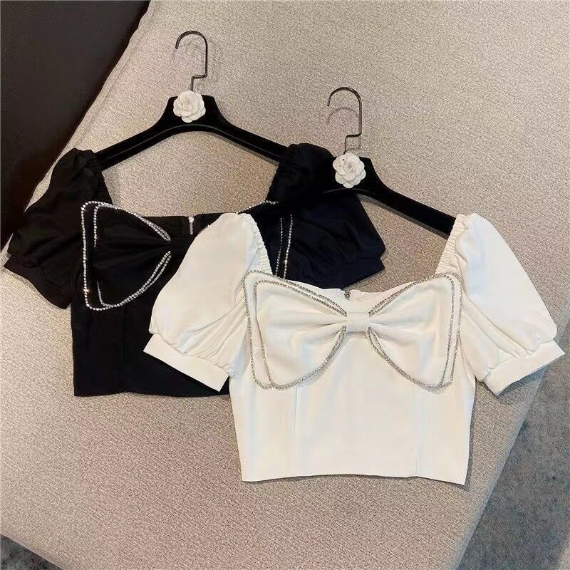 女童夏季韩版泡泡袖方领蝴蝶结