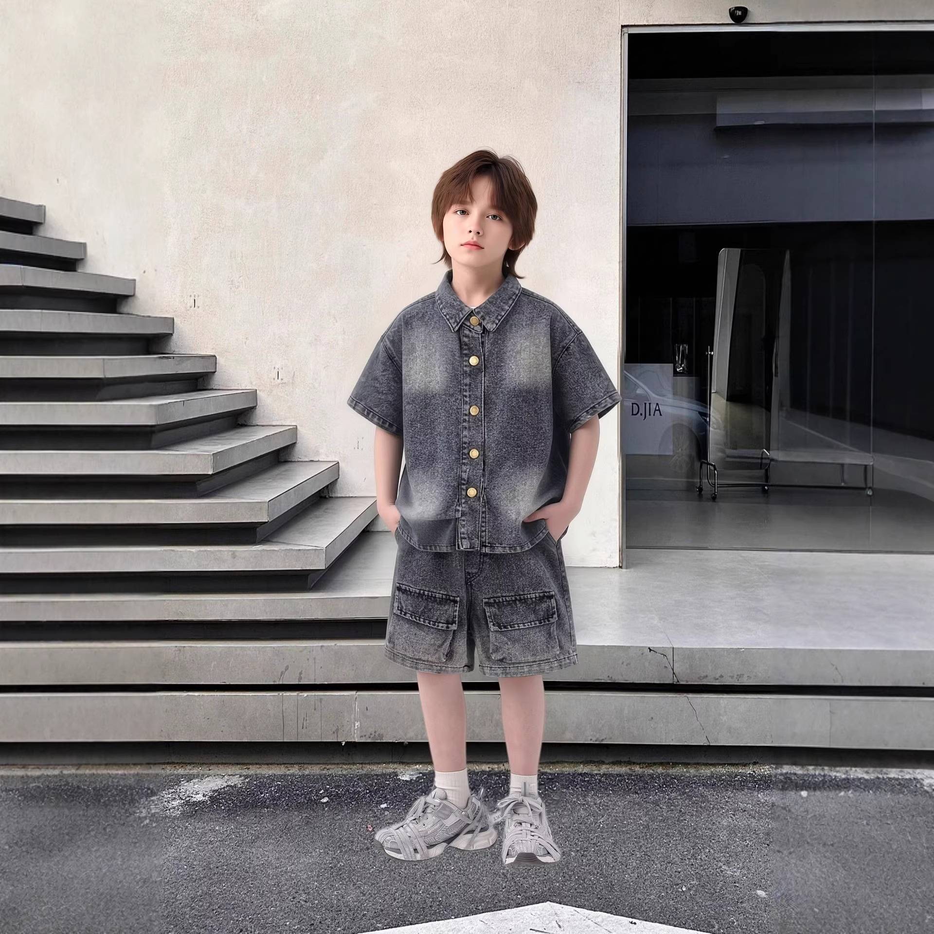 男童夏季牛仔短袖套装潮款痞帅中