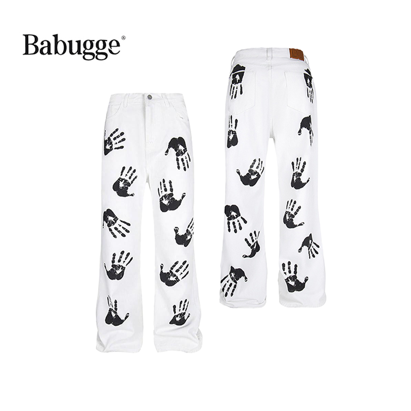 Babugge 美式复古手掌印花牛仔长裤夏季情侣款潮牌痞帅裤子直筒裤