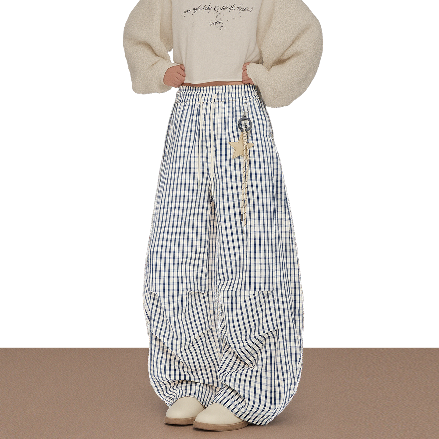 美式复古薄款星星挂饰格子休闲裤