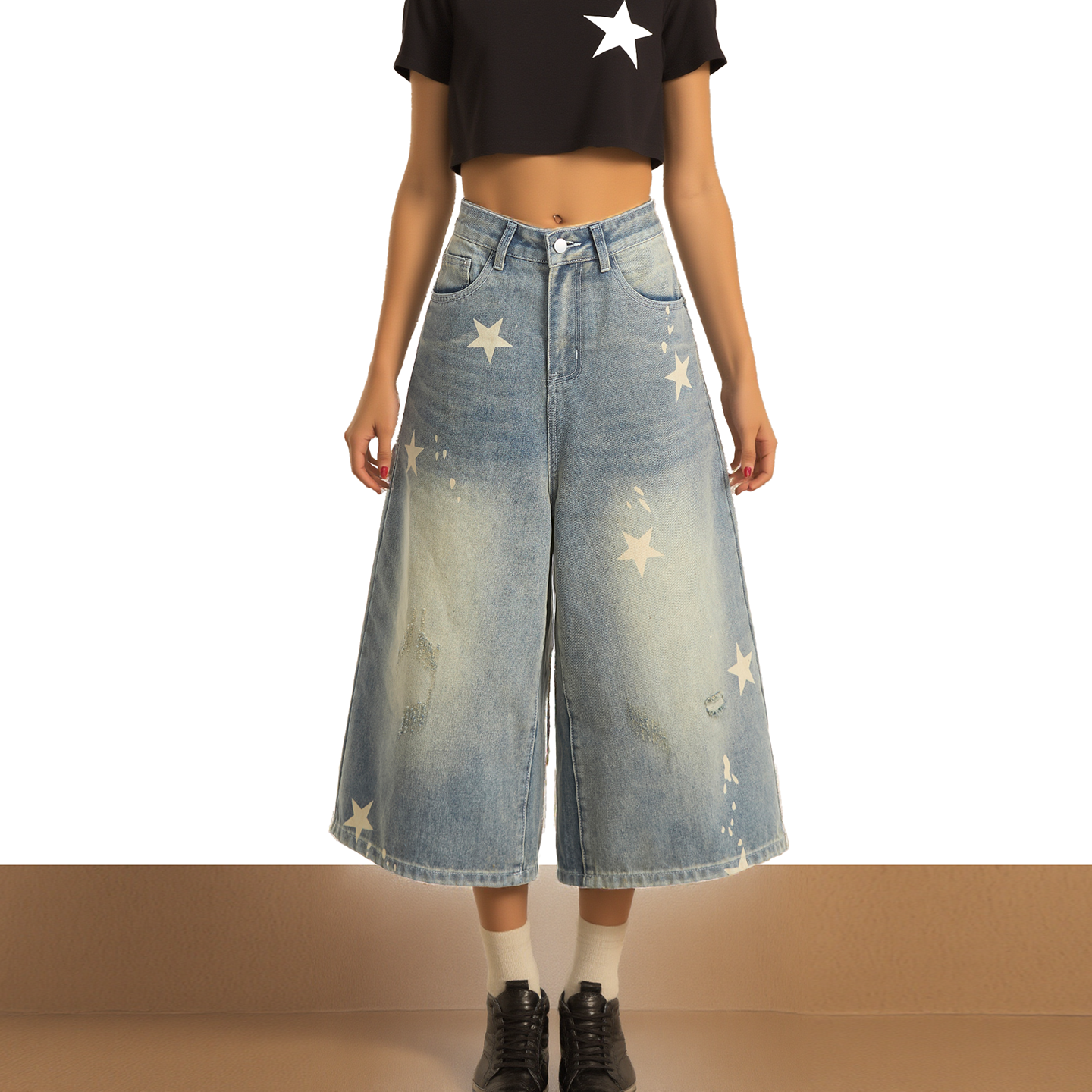 美式复古做旧星星印花牛仔短裤