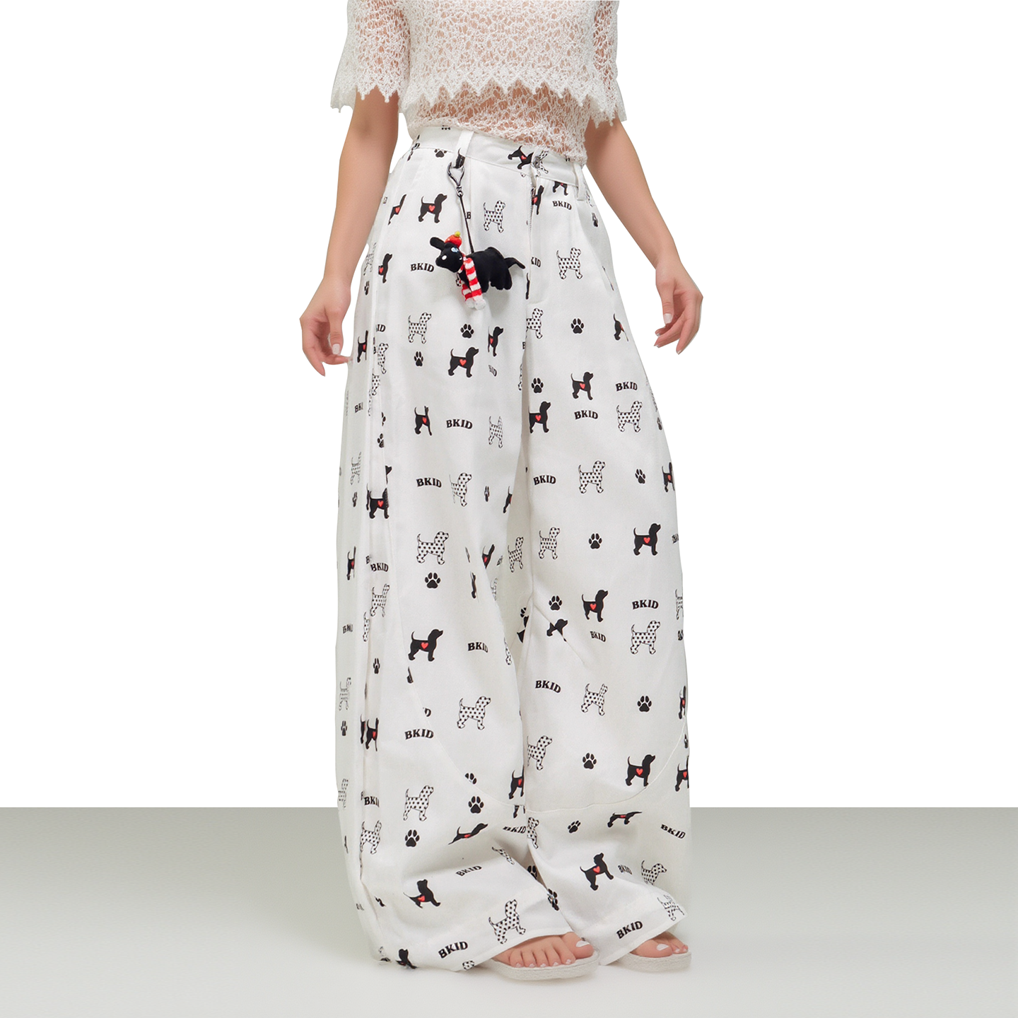 美式慵懒风小狗印花阔腿休闲裤子