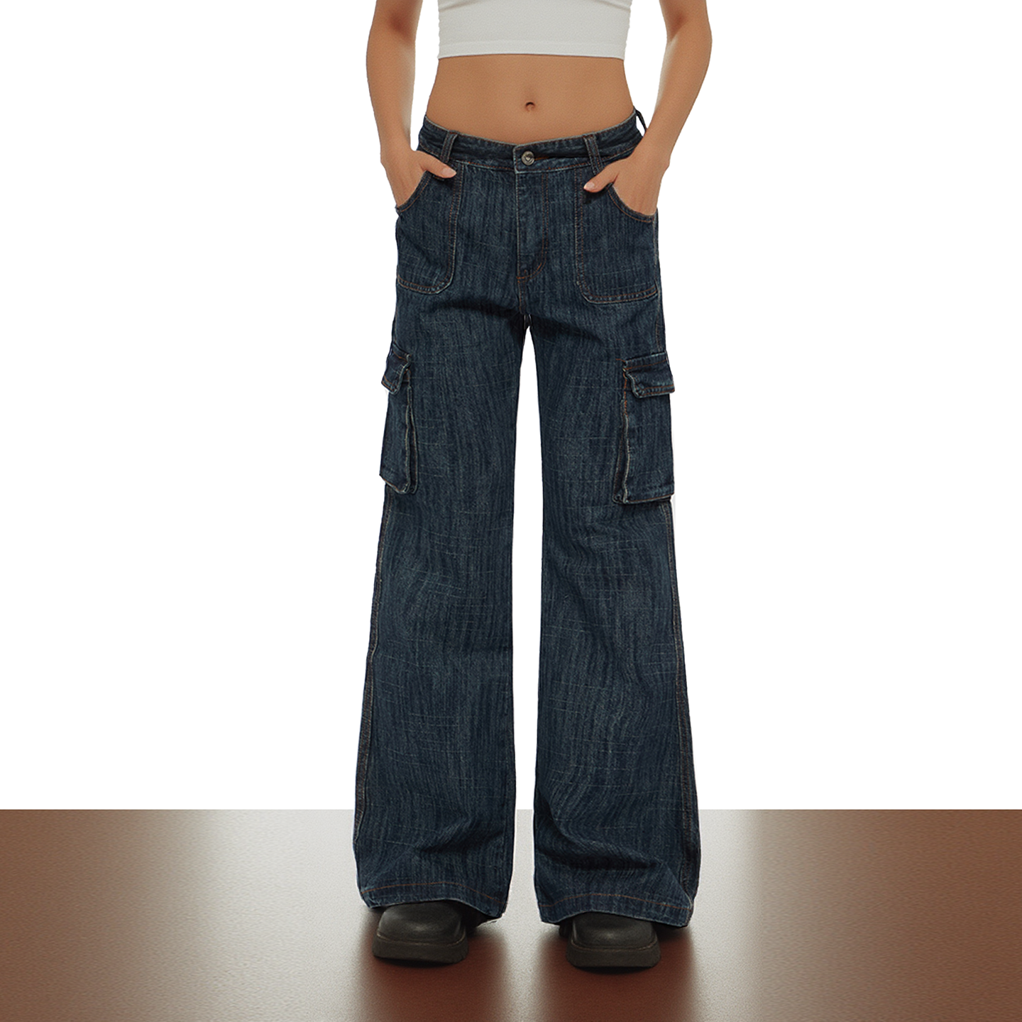 美式复古竹节纹多口袋工装牛仔裤