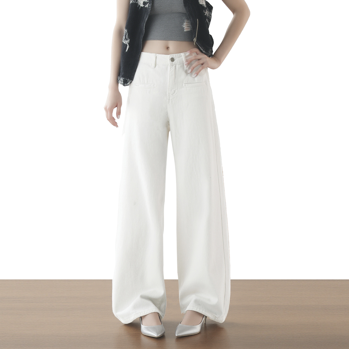 美式复古白色高腰宽松牛仔裤