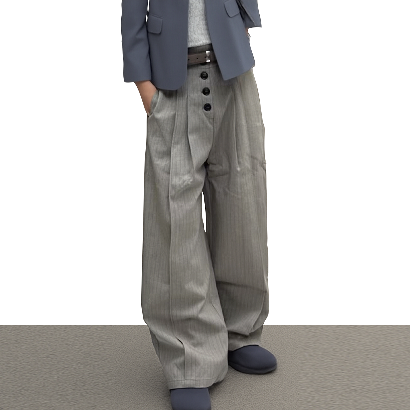 美式复古褶皱条纹单排扣休闲西裤