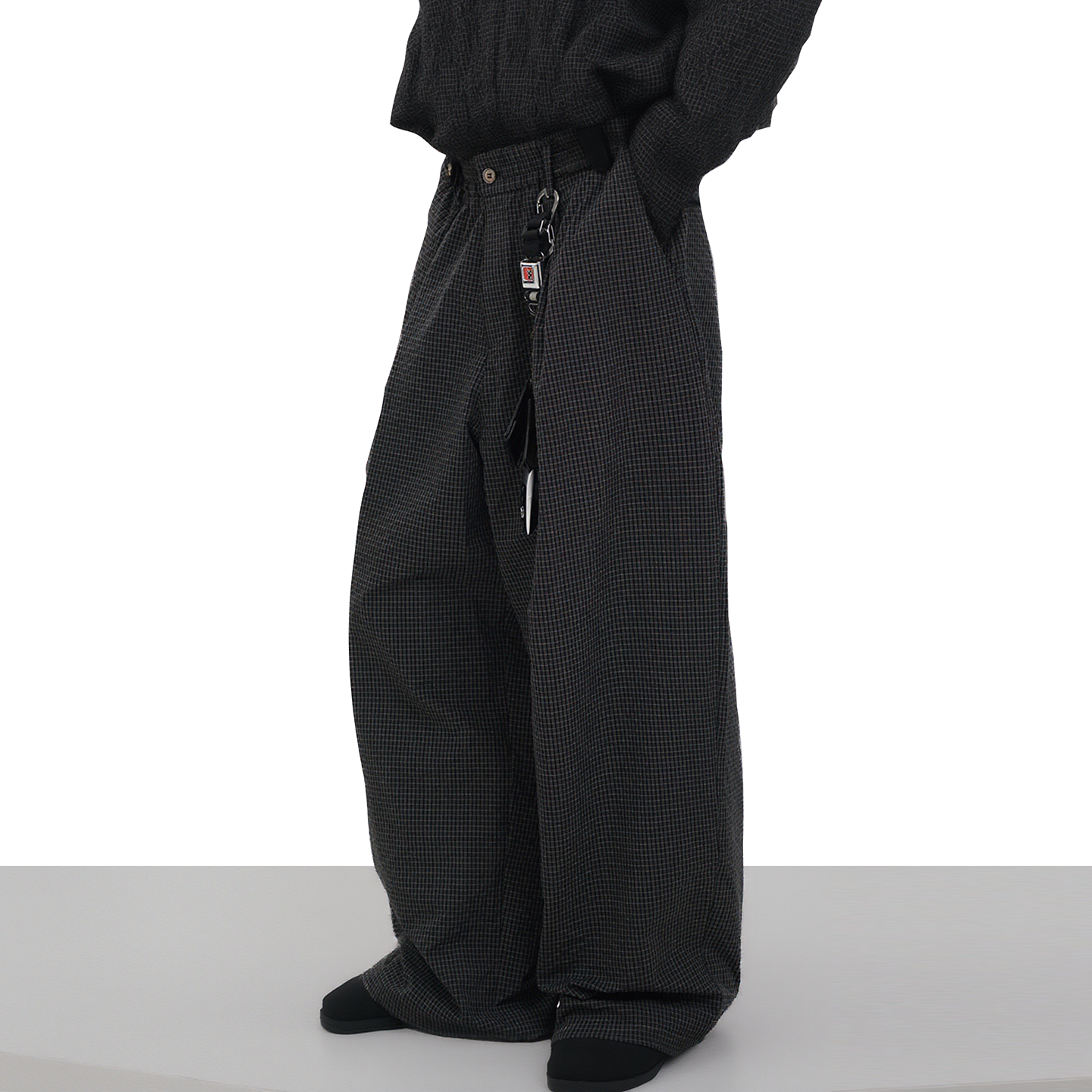 美式复古黑色格纹直筒休闲裤子潮