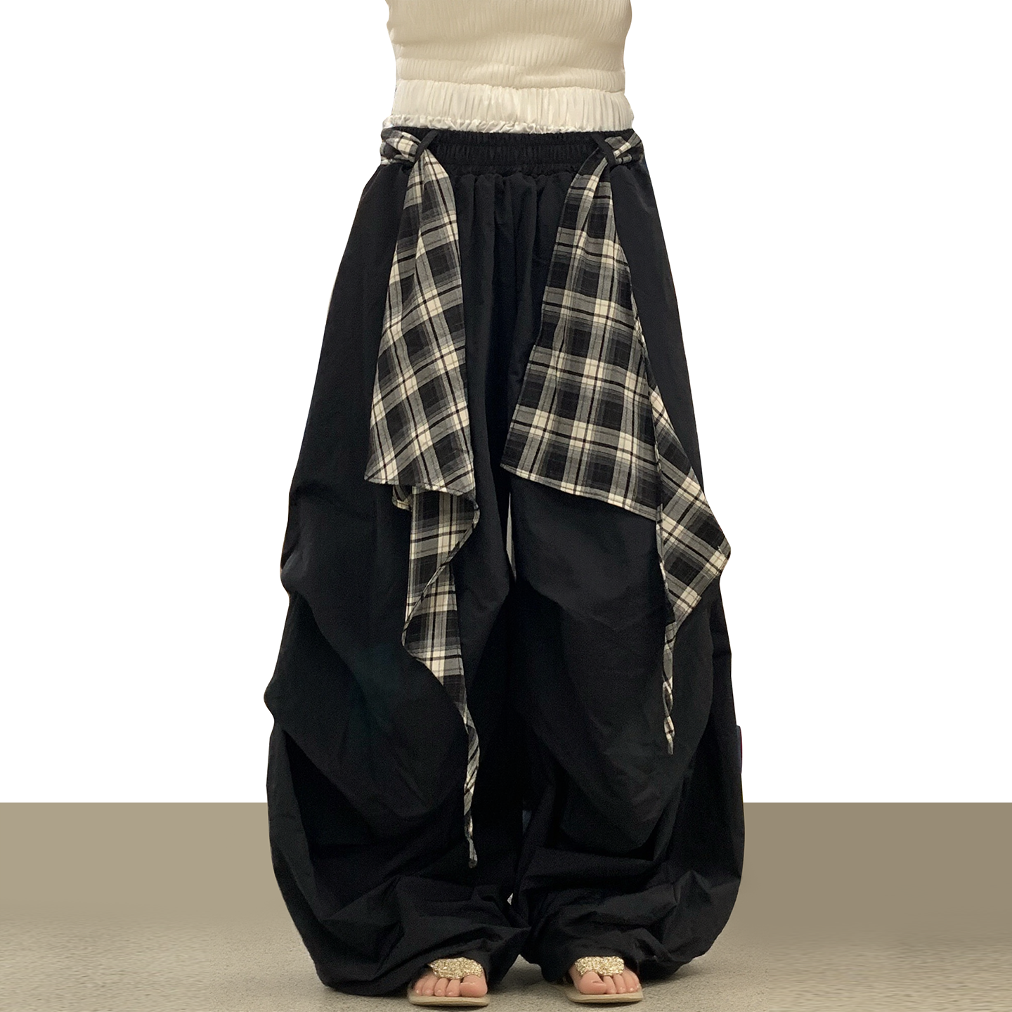 美式复古拼接双腰头阔腿裤2025潮