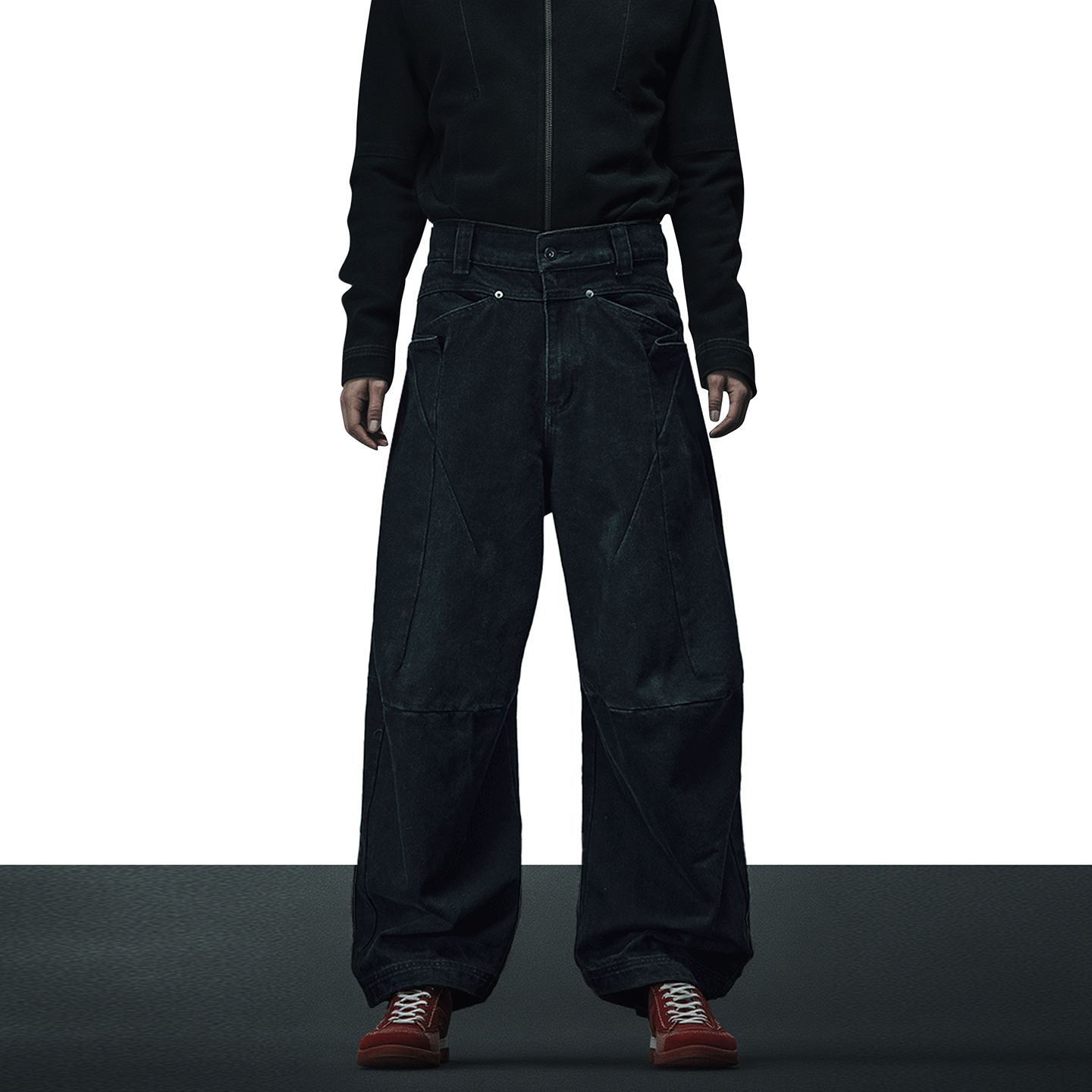 美式高街黑色做旧褶皱宽松牛仔裤