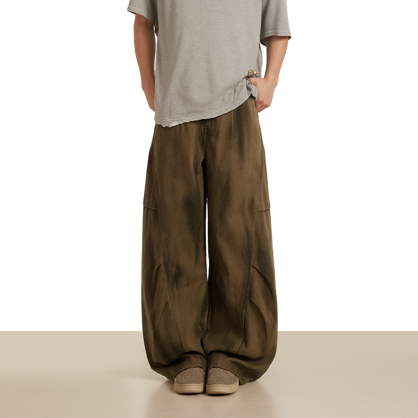 美式复古水洗做旧褶皱阔腿休闲裤