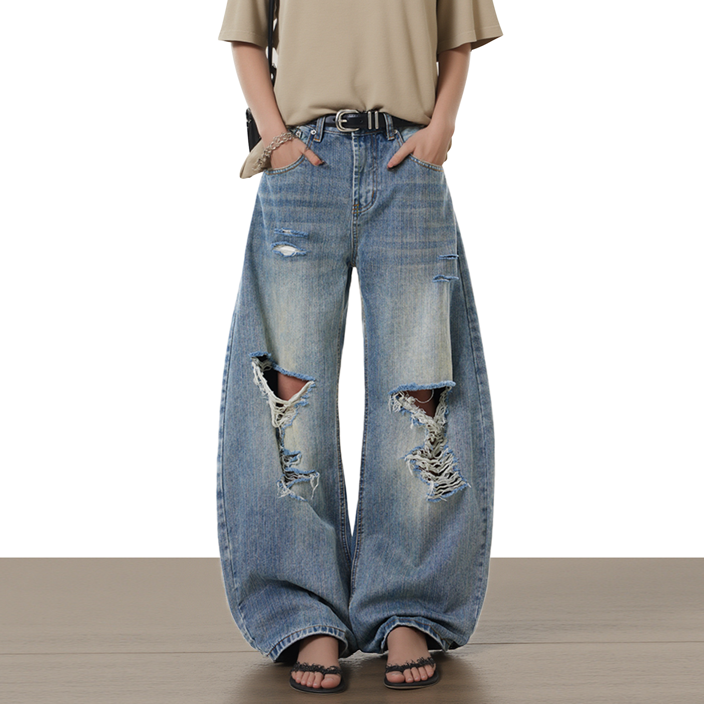 美式复古水洗做旧设计感牛仔裤