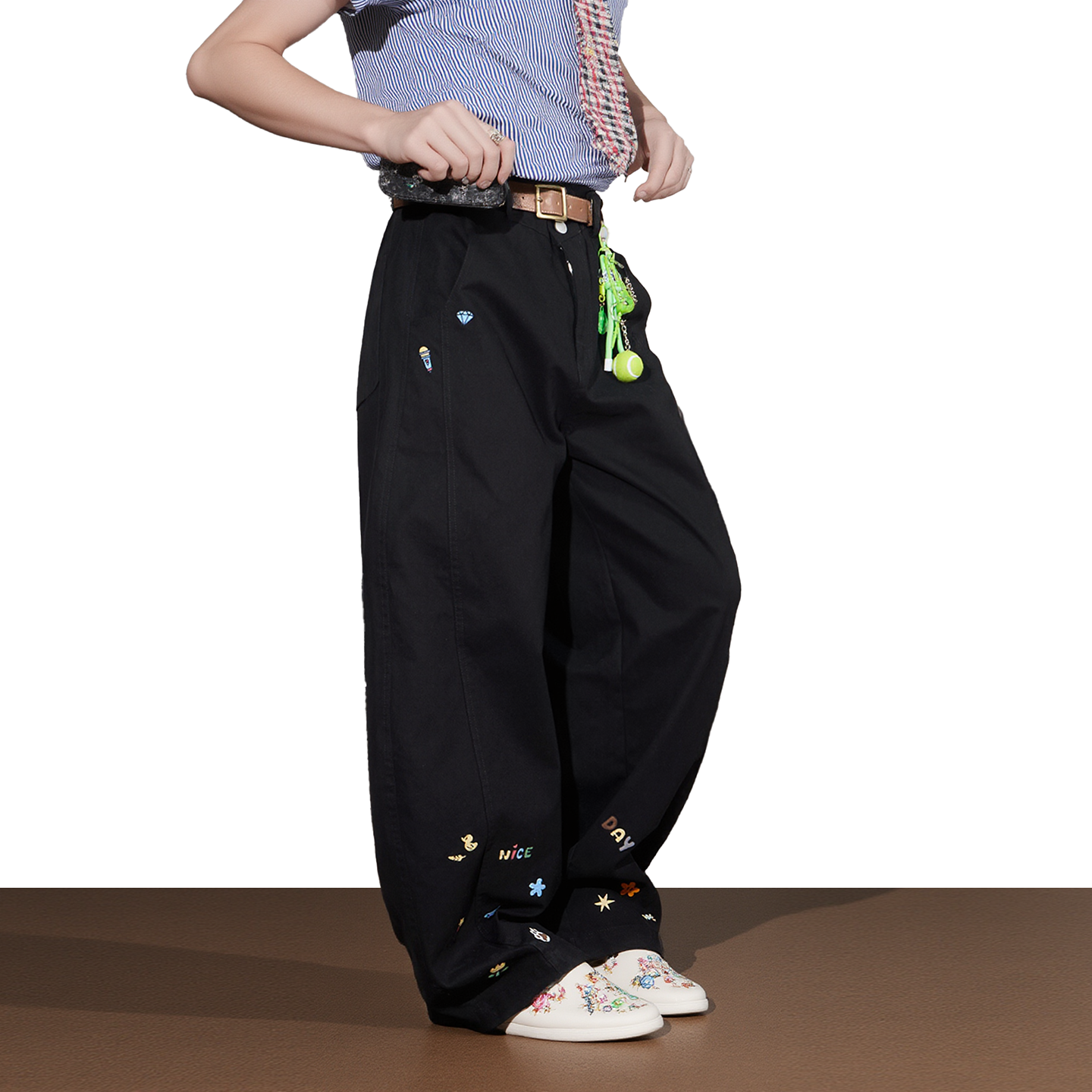 美式趣味复古卡通刺绣宽松休闲裤