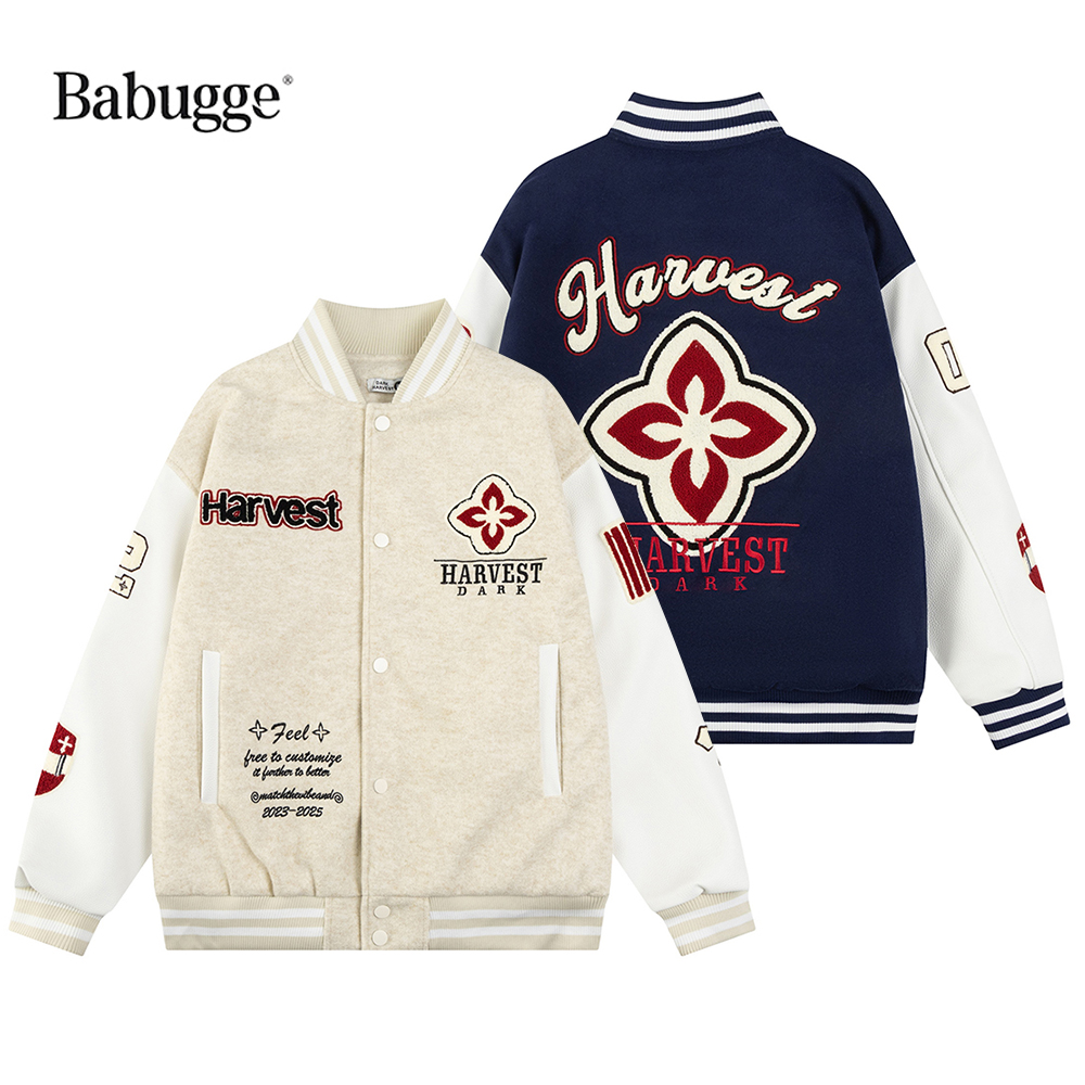 美式刺绣字母拼接棒球服情侣款