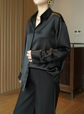 宽松版珠光黑绸缎珠光缎面通勤百搭抗皱大码高光垂感仿醋酸衬衫女