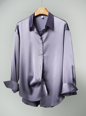 宽松版薰衣草紫珠光缎面长袖通勤垂感抗皱大码中性复古衬衫女