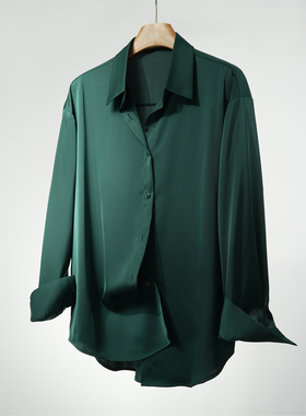 宽松版复古墨绿仿醋酸缎面长袖通勤百搭抗皱男女简约亮面衬衫女