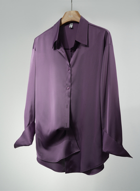 宽松版高端紫仿醋酸柔软缎面长袖通勤百搭抗皱大码男女复古衬衫女