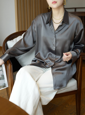 宽松版石墨灰重磅珠光缎面通勤职场百搭抗皱垂感仿醋酸春秋衬衫女