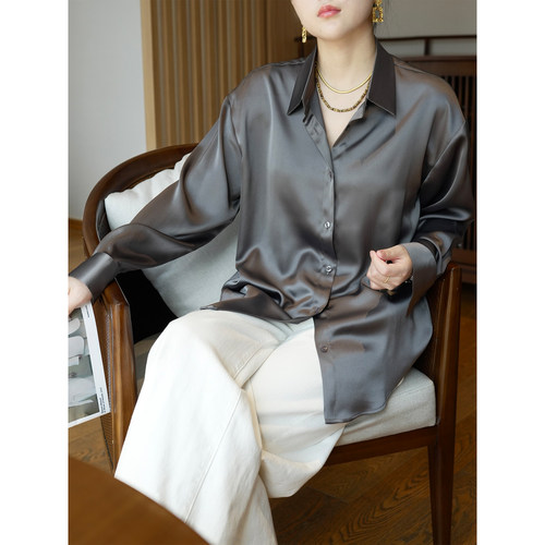 重磅珠光中性复古气质缎面衬衫女