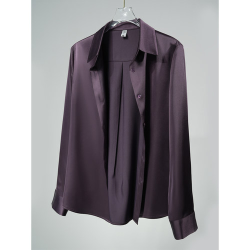 修身版正肩紫色抗皱垂感缎面衬衫