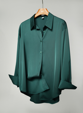 宽松版墨绿色高级缎面通勤衬衫 职场百搭抗皱垂感复古长袖衬衣女