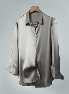 宽松版浅灰色仿醋酸柔软缎面长袖通勤高级抗皱男女中性复古衬衫女