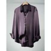 宽松版 女 中性复古衬衫 暗夜紫仿醋酸缎面长袖 垂感百搭抗皱大码