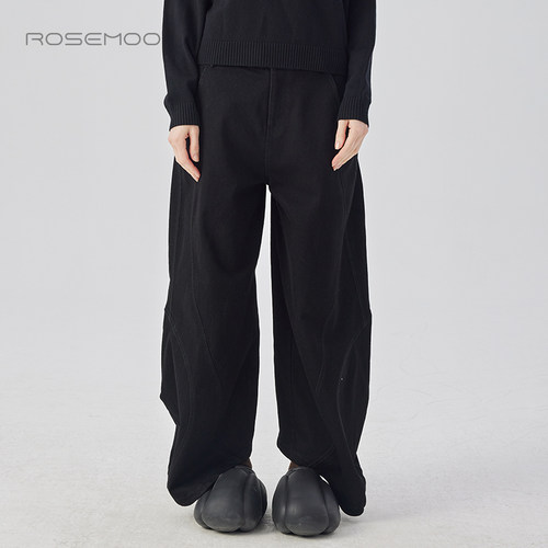 容子木ROSEMOO24年冬季新款挺阔加绒不规则弧形牛仔裤RCL4KC432D