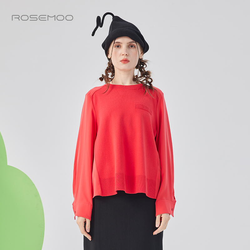 容子木ROSEMOO25春商场同款亲肤轻量感拼接款毛织上衣RSS1TP127A