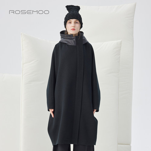 容子木ROSEMOO25冬【商场同款】拼接连帽拉链长款大衣RSS4DW102A