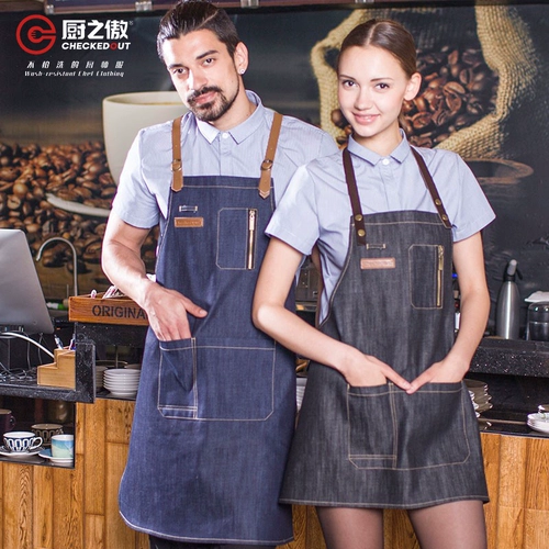 Джинсовый кофейный японский фартук для работы, надевается на плечо, в корейском стиле, делается под заказ