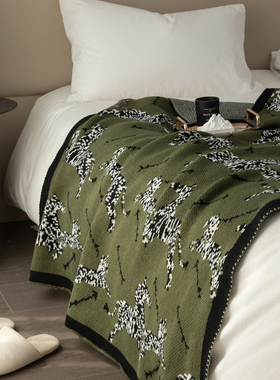 Uncle Bomb复古春秋空调盖毯中古绿色斑马针织休闲沙发装饰毯轻奢