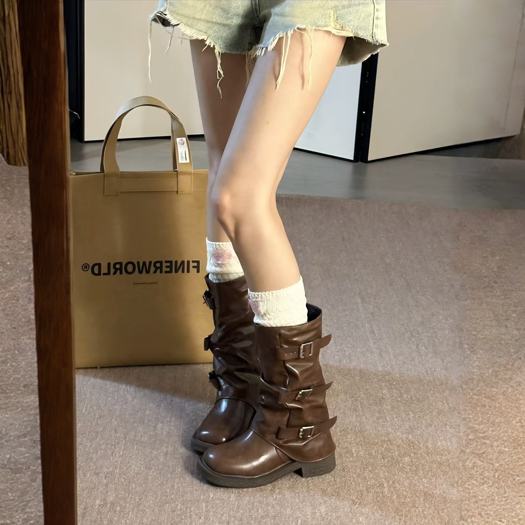 增高厚底裤管靴女秋季复古骑士靴子女长筒靴粗跟扣带中筒堆堆靴