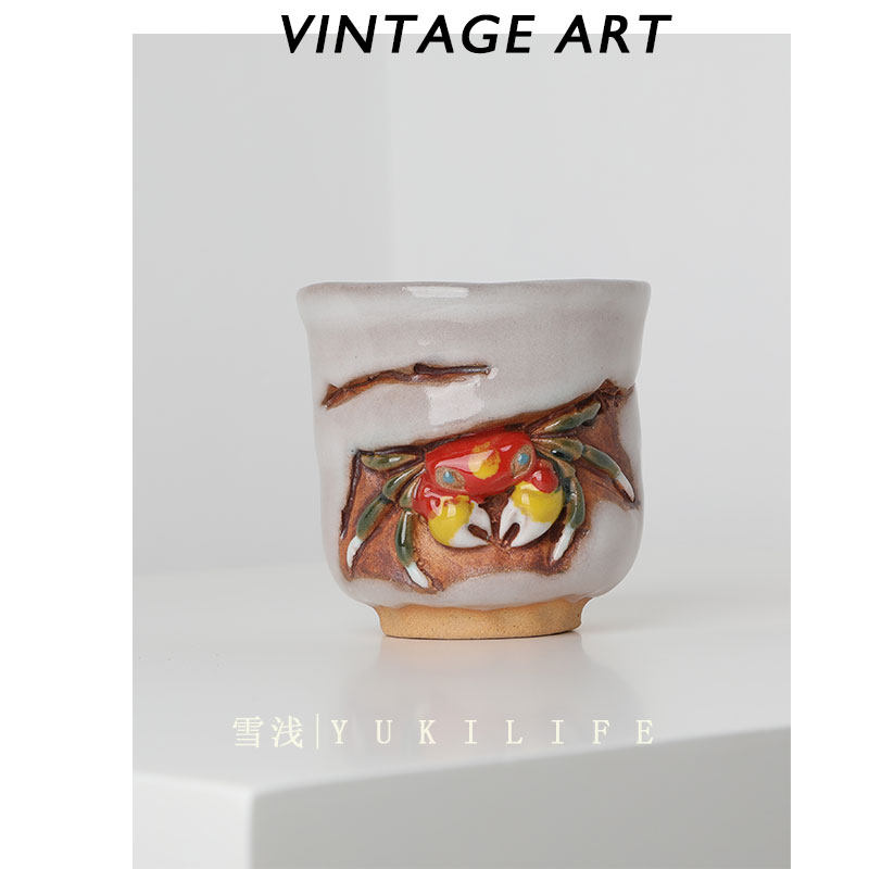 螃蟹将军杯/中古日式复古陶瓷杯子彩绘蟹子茶杯 志野烧水月烧乐山