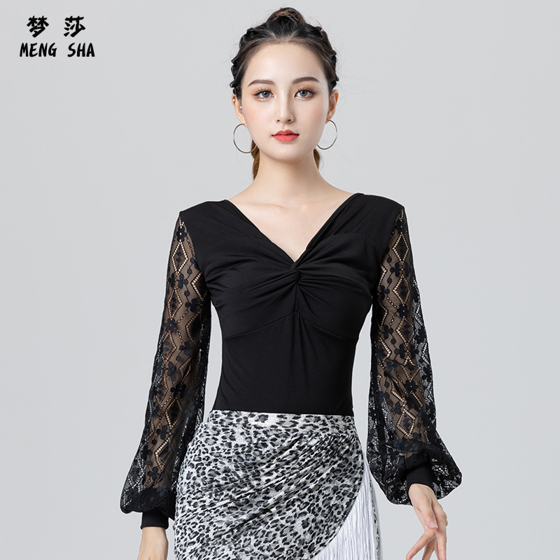 秋季新款拉丁舞练功服女舞蹈上衣长袖蕾丝摩登交谊舞演出服装
