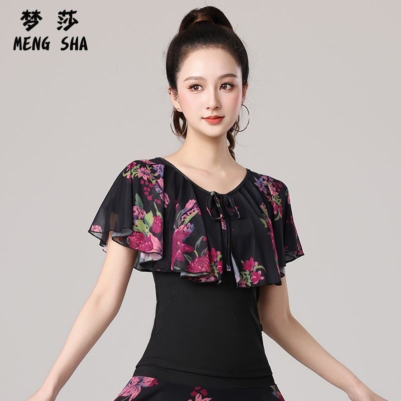 夏季拉丁舞上衣女成人国标舞摩登舞交谊舞练功服短袖印花舞蹈服装
