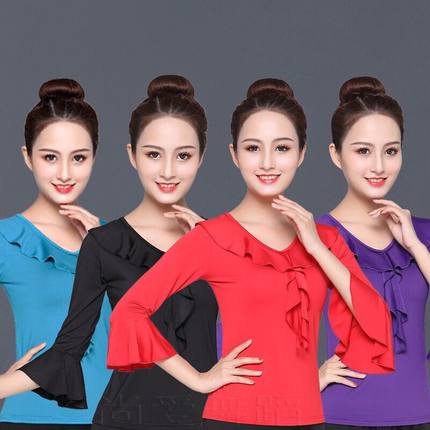 2026广场舞服装上衣新款中袖夏季舞蹈服成人演出跳舞练功服喇叭袖