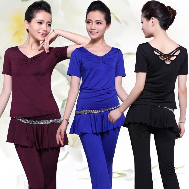广场舞服装春夏新款套装短袖练功演出服两件套成人拉丁舞蹈服裙裤