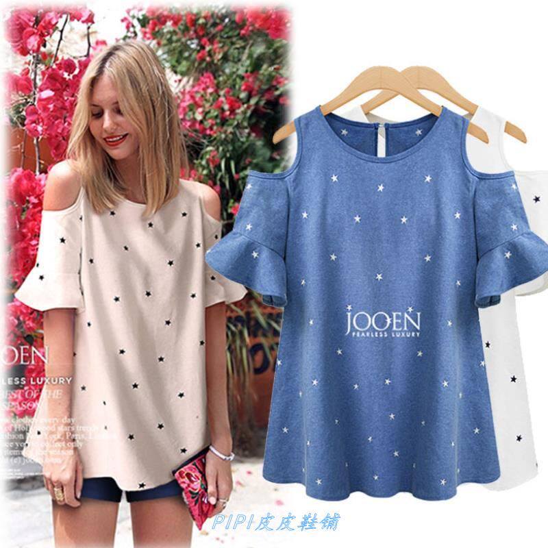 2018新品韩版大码露肩短袖女T恤fashion  dresses ladies T-shirT