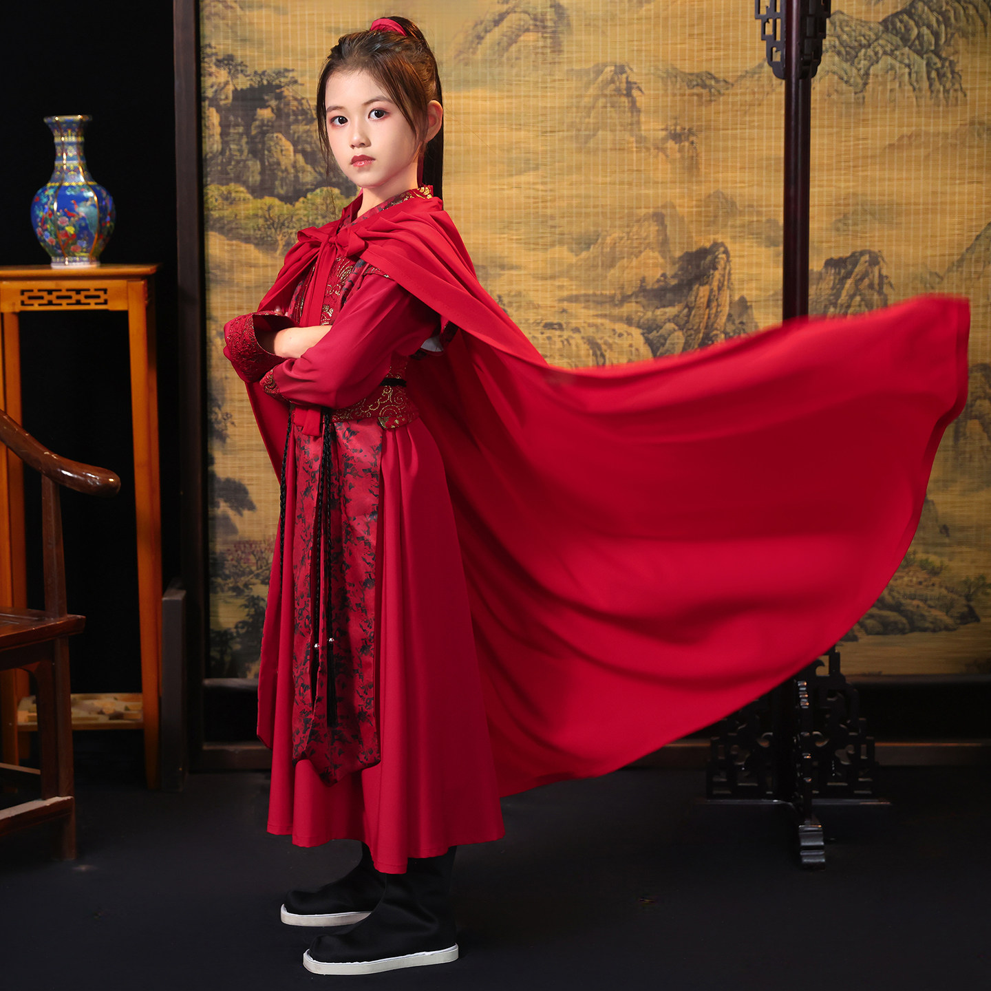 女童花木兰汉服斗篷战袍套装图片
