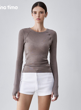 movingtime美丽诺羊毛打底衫女裸感高弹运动长袖修身圆领正肩T恤