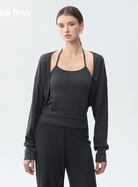 movingtime宽松坎肩瑜伽服女长袖运动罩衫健身普拉提训练上衣套装