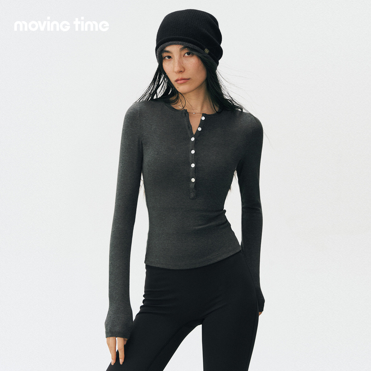 movingtime亨利领瑜伽服上衣女运动长袖T恤修身显瘦普拉提训练服
