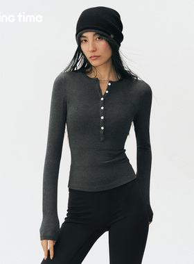 movingtime亨利领瑜伽服上衣女运动长袖T恤修身显瘦普拉提训练服