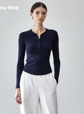 movingtime亨利衫女瑜伽服运动长袖修身显瘦健身服跑步普拉提上衣