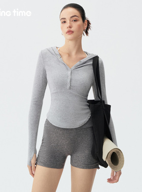 movingtime连帽瑜伽服女休闲运动长袖修身普拉提上衣亨利领健身服