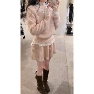 JOYIASS2026超火冬装三件套气质蕾丝打底衫韩系V领毛衣显瘦高腰短