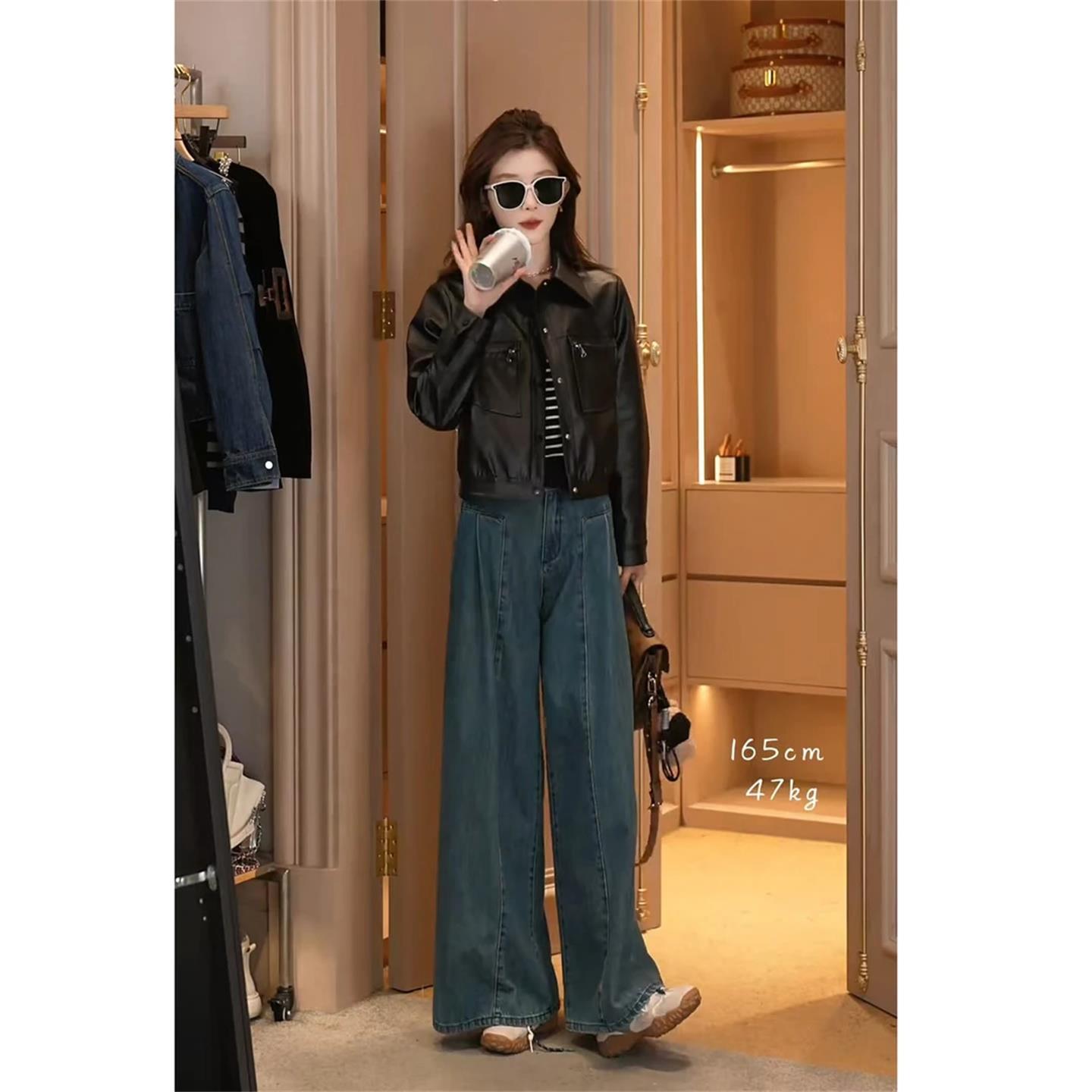 JOYIASS早秋女装2025新款chic港风皮衣外套复古条纹背心牛仔阔腿